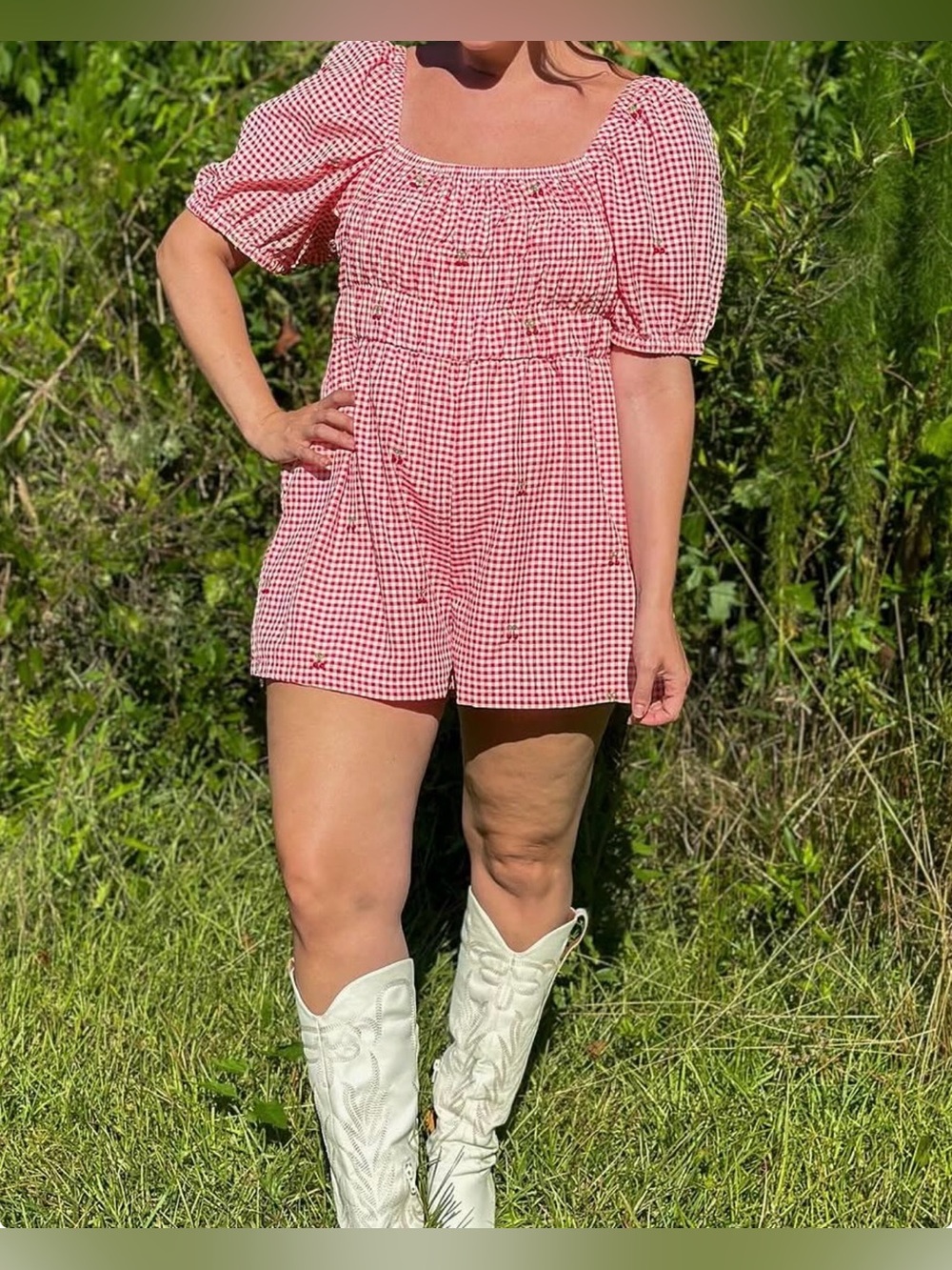 ARULA Pink Red Gingham Smocked Romper with Square Neck and Puff Sleeves